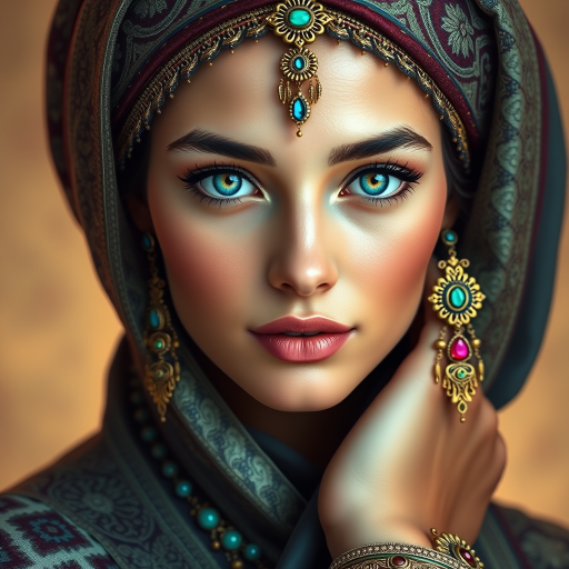 Create a portrait of a beautiful Persian woman with striking cyan eyes and a gentle expression. She is adorned in traditional attire with intricate patterns, including a richly embroidered headscarf and matching garments. Her jewelry includes a delicate headpiece, dangling earrings, and ornate bracelets, all featuring vibrant gemstones and detailed metalwork. The background is soft and warm, enhancing the rich colors of her outfit and jewelry.