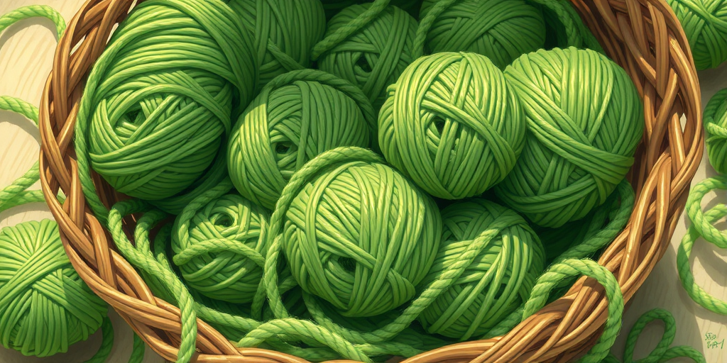 A detailed illustration of a basket filled with various shades of green yarn, with some yarn balls scattered around, natural lighting, macro lens, aperture f/2.8, ISO 200, shallow depth of field, high-resolution digital art.