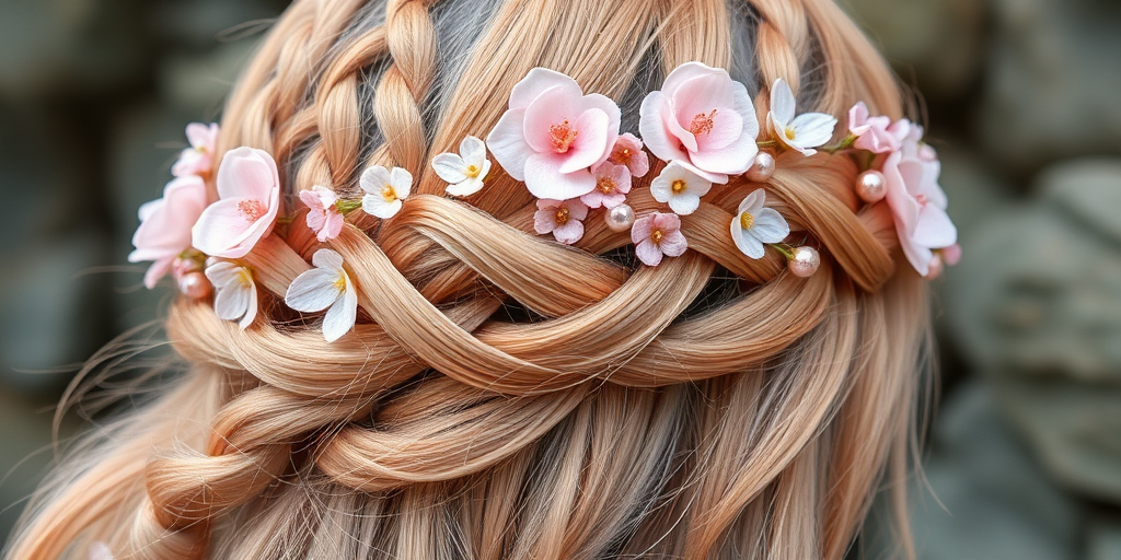 Enchanting rose gold fairy braid titled Blossom Whimsy showcasing an intricate crown braid embellished with delicate silk flowers and shimmering rose quartz beads for a romantic ethereal aesthetic