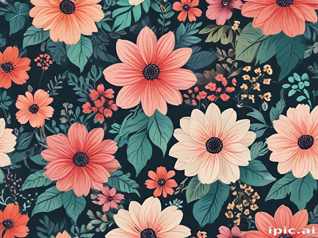 Vibrant Floral Pattern Featuring Various Colorful Flowers on Dark ...
