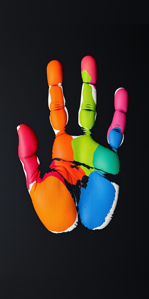 Create a high-resolution image of a colorful handprint on a black background, using a DSLR camera with a 50mm lens, aperture set to f/1.8 for a shallow depth of field, ISO 100 for optimal image clarity, and a soft diffused lighting setup to enhance colors and textures.