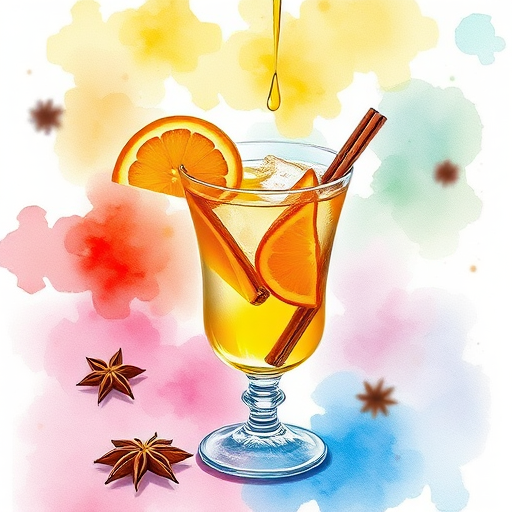 Create a vibrant watercolor illustration of a cocktail in a glass, featuring slices of oranges and a drizzle of honey above, with cinnamon sticks and star anise floating in the air, captured with a Canon EOS 5D Mark IV, 50mm lens, f/2.8, using natural light for enhanced colors and texture.