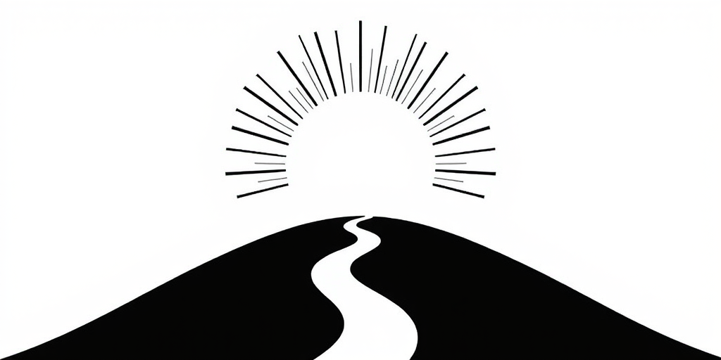 Create a high-contrast black and white vector graphic of a stylized sun with rays extending outwards above a winding path, shot with a 50mm lens at f/8, ISO 100, in a top-down perspective using a digital camera.