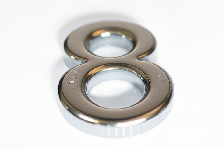 Create a high-resolution image of a shiny silver number 8 on a white background, using a DSLR camera with a macro lens, aperture set to f/2.8 for shallow depth of field, ISO 100 for minimal noise, and a focal length of 50mm, lit with soft diffused lighting to enhance reflections and surface details.
