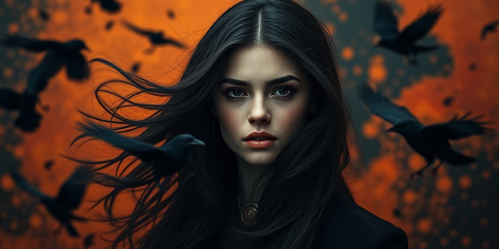 Create a moody portrait of a woman with flowing dark hair and striking features, set against a fiery orange and black abstract background, with crows in flight around her, captured with a DSLR camera, 50mm lens, f/1.8 aperture, ISO 200, using soft natural light for a dramatic effect.