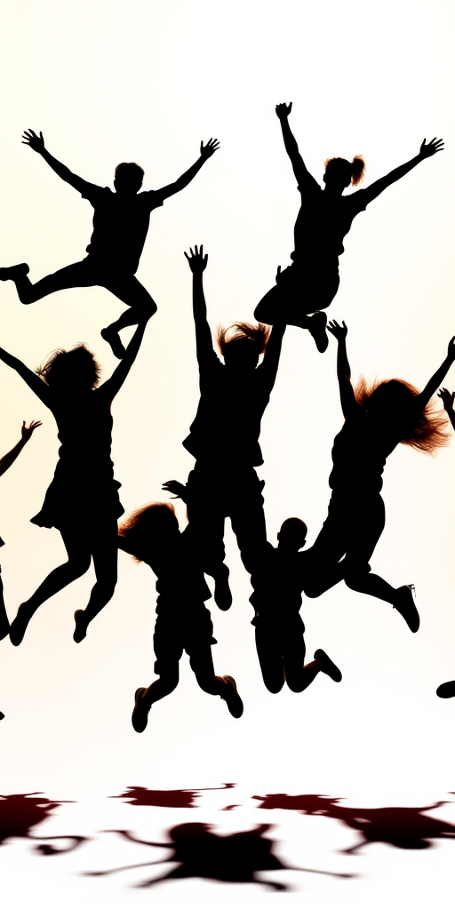 Create a vibrant image of silhouetted individuals joyfully jumping in various poses against a bright gradient background, captured with a DSLR camera at f/2.8, ISO 100, 50mm lens, using a dynamic angle for a sense of motion and excitement.