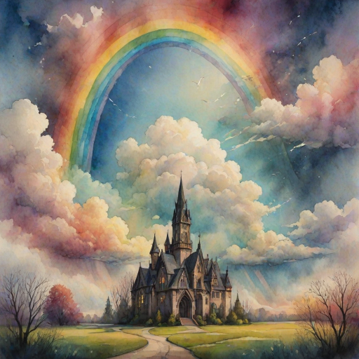 A whimsical and surreal sky with a vibrant rainbow, featuring dramatic lighting effects and a textured watercolor background, with a touch of gothic aesthetic.
