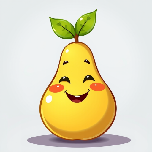 Create a playful cartoon illustration of a smiling pear with a green leaf on top, vibrant colors, high resolution, 300 DPI, front view, digital painting style, using a Canon EOS R5 with a 50mm lens at f/1.8 for a soft background blur.
