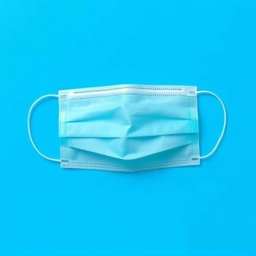 Create a digital illustration of a blue surgical mask on a bright blue background, using a high-resolution camera with a focal length of 50mm, aperture set to f/2.8, ISO 100, taken from a straight-on view, styled as a minimalist design for clarity.
