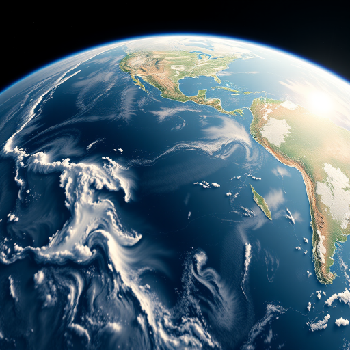 Generate a high-resolution image of Earth from space, capturing both the Americas and surrounding oceanic features, using a DSLR camera with a 24mm lens, aperture f/8, ISO 100, and a wide-angle view, simulating a clear atmosphere and bright daylight.