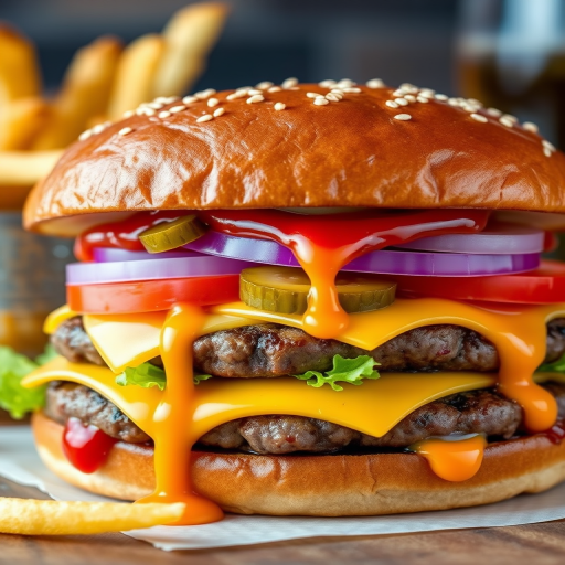 High-resolution, close-up image of a gourmet double cheeseburger. The burger features a glossy, sesame-seed-topped brioche bun. Inside, there are two thick, juicy beef patties, each topped with melted cheddar cheese. The burger is garnished with fresh lettuce, tomato slices, diced onions, and pickles. A generous amount of ketchup and a creamy, orange-colored sauce is dripping down the sides, adding to the mouth-watering appeal. In the background, there are blurred elements including a side of golden French fries and a hint of a beverage, enhancing the overall presentation of a delicious meal.
