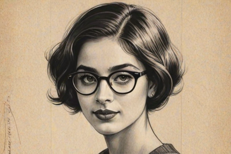 Splendid Naomi Scott, pencil sketch, portrait of Beauteous woman 1927s in glasses, hair style beatnik, outline, clear lines, fine lines, 8k