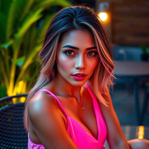 Alluring photo of woman:Filipino:0.4, highlight hair, wearing Neon dress, sitting on Patio furniture, rim lighting, studio lighting, looking at the camera, dslr, ultra quality, sharp focus, tack sharp, dof, film grain, Fujifilm XT3, crystal clear, 8K UHD, highly detailed glossy eyes, high detailed skin, skin pores