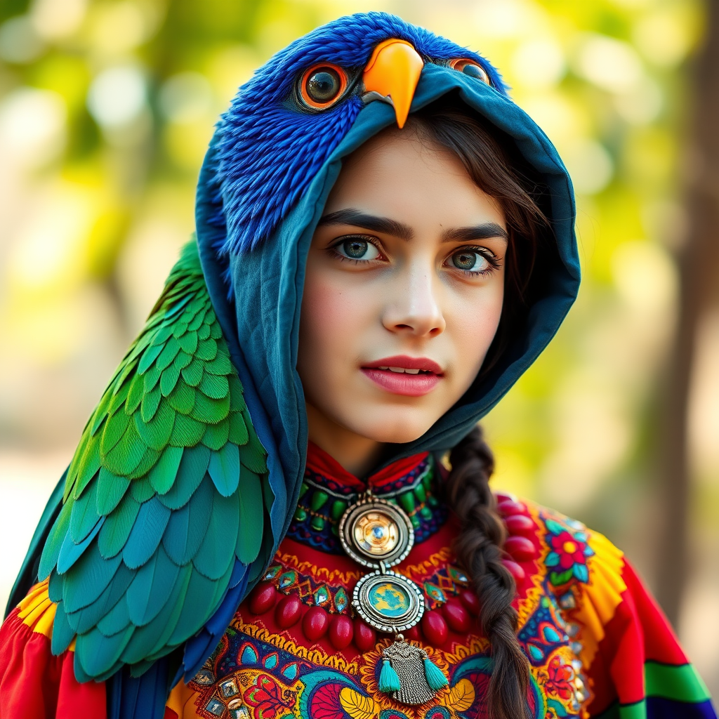 A beautiful Turkish girl, wearing colorful bird clothing with vibrant colors
