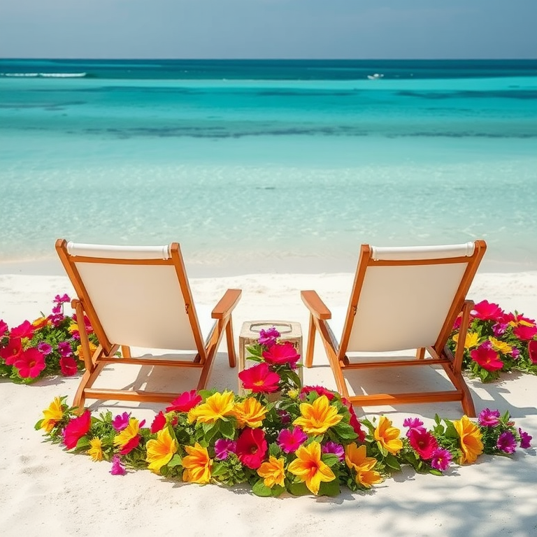 Create an image of two lounge chairs surrounded by colorful flowers on a sandy beach with a crystal-clear turquoise sea in the background, captured with a DSLR camera at f/8 aperture, ISO 100, 24mm focal length, in bright natural lighting, and a wide-angle perspective to enhance the vibrant colors and details of the scene.