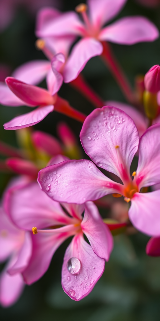 Close-up shot of pink oleander flowers with dew droplets, soft-focus background, aperture f/2.8, shutter speed 1/200, ISO 100, natural light, DSLR camera, macro lens.