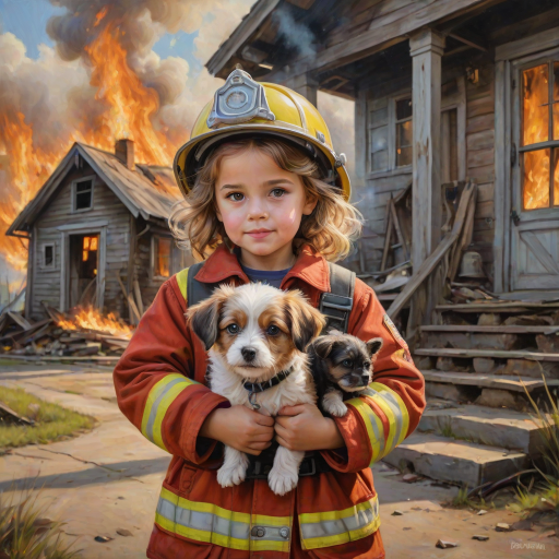 airbrushed oil painting, pixar style, cute little girl in fireman gear, helmet, tousled hair, expressive eyes, standing in the doorstep of a cottage burning behind him, holding a cute little dog in her arm, atumn sky