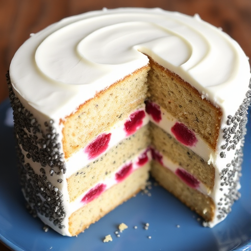 A beautifully layered cake with poppy seeds and a pink fruit filling between the layers, topped with a smooth white frosting, showing a slice with a clean cut revealing the texture and colors inside, placed on a blue plate.