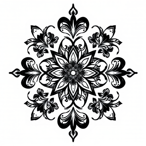Blackwork ornamental tattoo titled "Gothic Lace" featuring intricate floral and geometric patterns inspired by Victorian architecture with bold black lines and intricate details