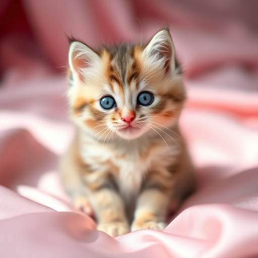 A fluffy kitten with blue eyes sitting on soft pink satin fabric, captured with a Canon EOS R5, 85mm lens, f/1.8, ISO 100, natural light, shallow depth of field for a soft background.