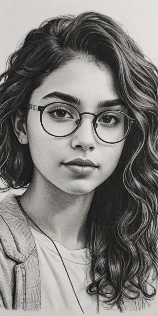 Captivating Alessia Cara, pencil sketch, portrait of Resplendent woman 1923s in glasses, hair style beatnik, outline, clear lines, fine lines, 8k