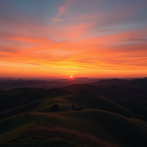 Create a high-resolution image of a serene landscape featuring rolling hills and a vibrant sunset, shot with a Canon EOS R5 at f/8, ISO 100, 1/125 sec, wide-angle lens, aerial view for enhanced depth and color richness.