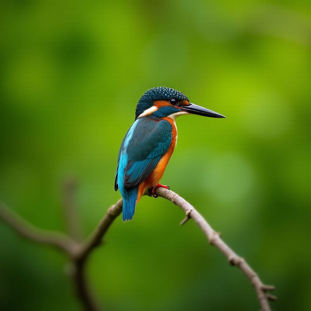 A vibrant kingfisher perched on a branch with a blurred green background, captured with a Canon EOS R5, 85mm lens, aperture f/2.8, ISO 200, shutter speed 1/250s, in soft focus style for enhanced detail and clarity.