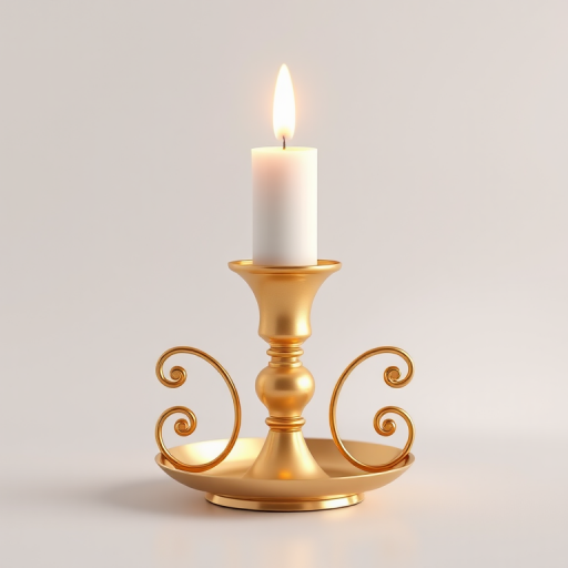 Create a highly detailed 3D render of a gold candlestick holder with a white candle, soft lighting, focal length 50mm, aperture f/2.8, ISO 100, macro lens, studio lighting setup.