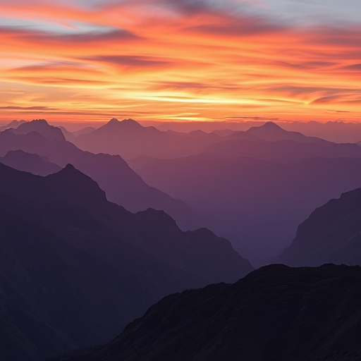 Generate a high-resolution image of a serene landscape featuring mountains at sunset, with vibrant colors in the sky, using a Canon EOS R5, aperture f/8, shutter speed 1/125 sec, ISO 100, shot in wide-angle view for depth and clarity.