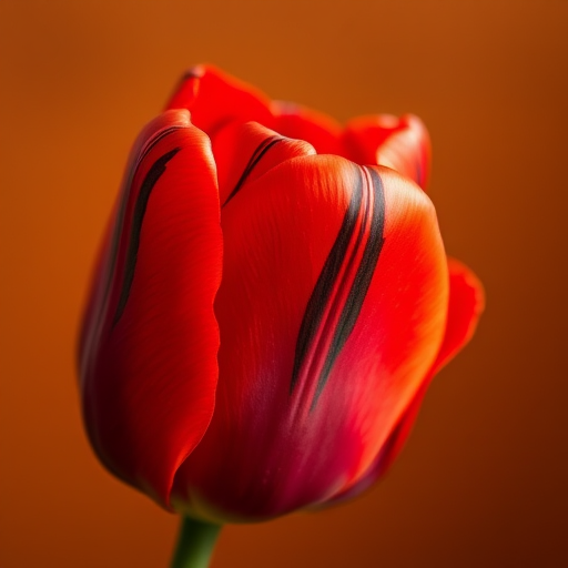 highly detailed close-up of a vibrant red tulip with black stripes against a softly blurred warm background, macro lens, f/2.8 aperture, ISO 100, 85mm lens, natural light, DSLR camera