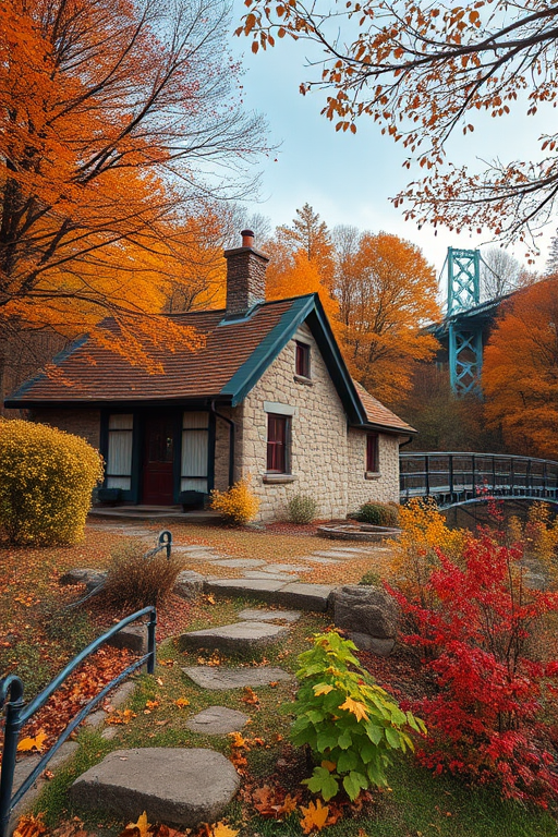 capture a serene autumn landscape featuring a stone cottage surrounded by colorful fall foliage and a bridge in the background, use a Canon EOS R5 with a 24-70mm f/2.8 lens, aperture f/8, shutter speed 1/125 sec, ISO 200, shot from a low angle to enhance depth and perspective