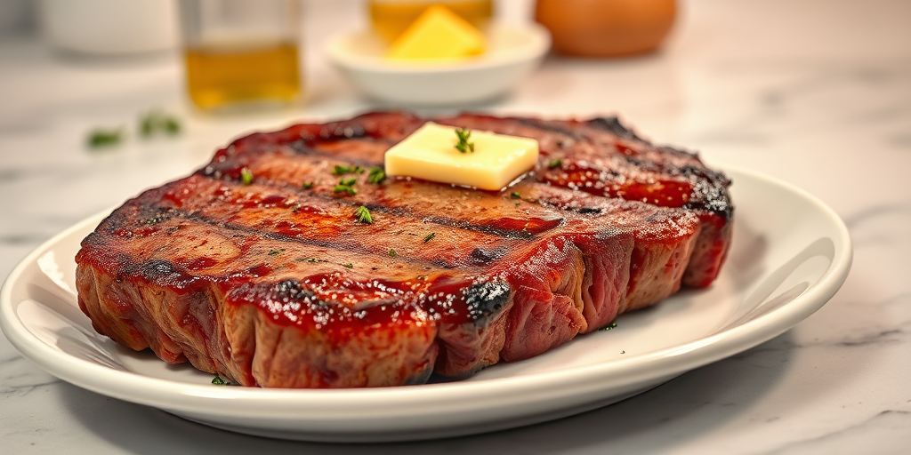 Create an image of a perfectly seared ribeye steak, resting on a white plate with a pat of melting butter on top. The steak is seasoned with fresh herbs like thyme and parsley, with glistening juices highlighting the texture of the meat. The background features a soft focus on a light, marble countertop, with a small dish of butter and an olive oil bottle in the distance. The overall mood should be warm and inviting, capturing the deliciousness and juiciness of the steak.