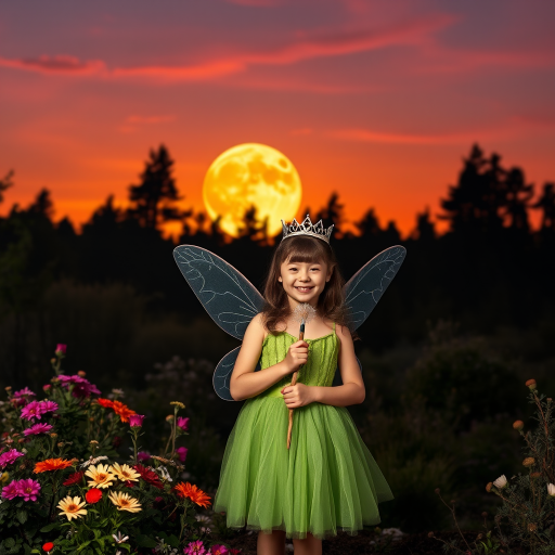 A vivid photo  taken under a bright camera flash of a fantastical scene set against a backdrop of a forest during sunset. The main subject is a girl dressed as a fairy, adorned with translucent wings and a green dress, holding a wand, her face is happy, and she wears a crown on her head. The forest behind her is a blend of flowers, shrubs and trees. The sky is painted in hues of orange and pink, with a large, glowing moon casting a warm glow over the scene. The overall color palette is dominated by earthy tones.