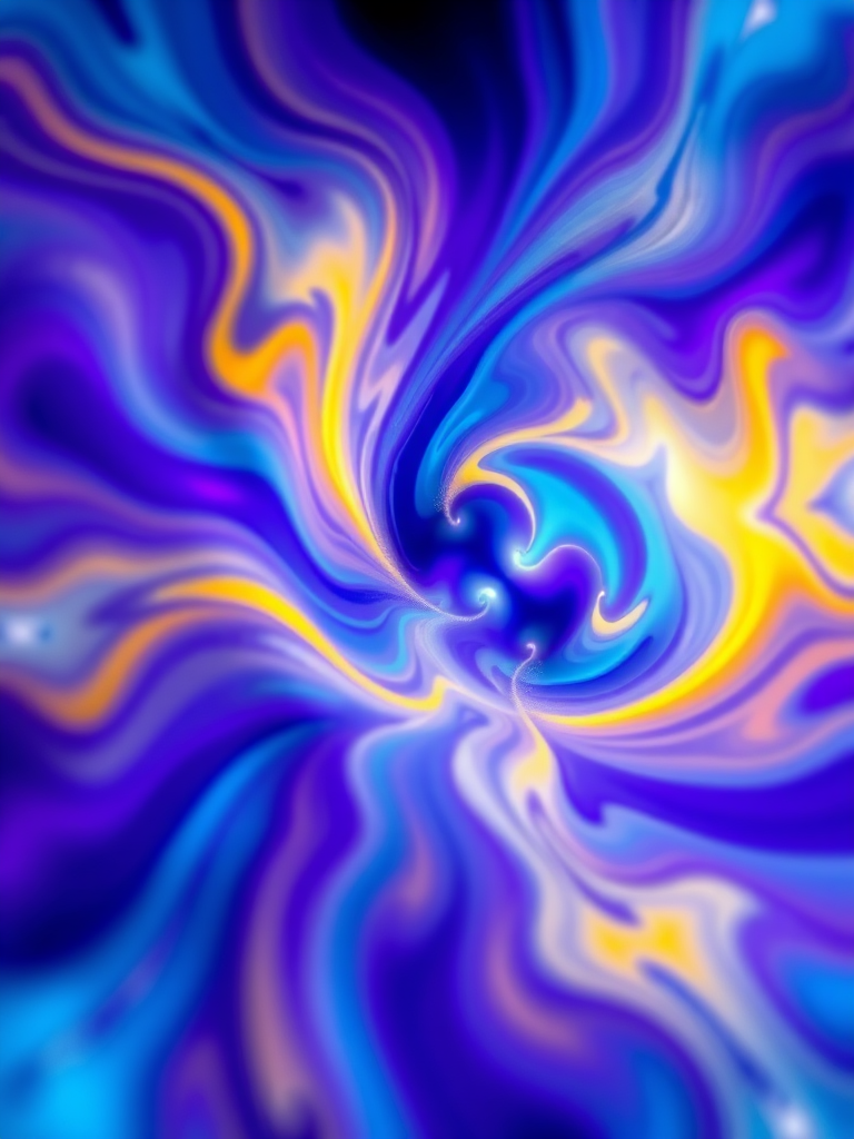 Create a vibrant abstract fractal image featuring swirling colors of blue, purple, and yellow with a soft glowing effect, captured using a Canon EOS 5D Mark IV, 50mm lens, f/1.8 aperture, ISO 100, shot in macro view with a focus on light and texture details.