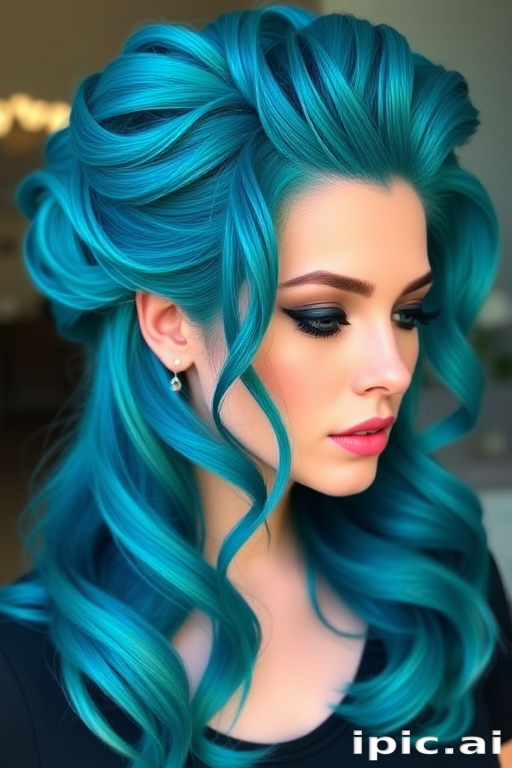 Captivating teal blue hair in a voluminous bouffant style, created by Aqua Skye, featuring a glossy finish with peacock-inspired highlights in shades of emerald and sapphire