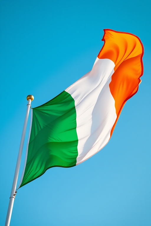 Capture a high-resolution image of the Irish flag waving in the wind, using a DSLR camera with a 50mm lens at f/2.8, ISO 100, 1/200s shutter speed, from a low angle perspective emphasizing the vibrant colors against a clear blue sky.