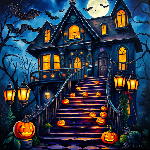 airbrushed oil painting, halloween theme, a haunted house, stairs, highly decorated, illuminated, lanterns, jack o'lantern, bats, webcobs