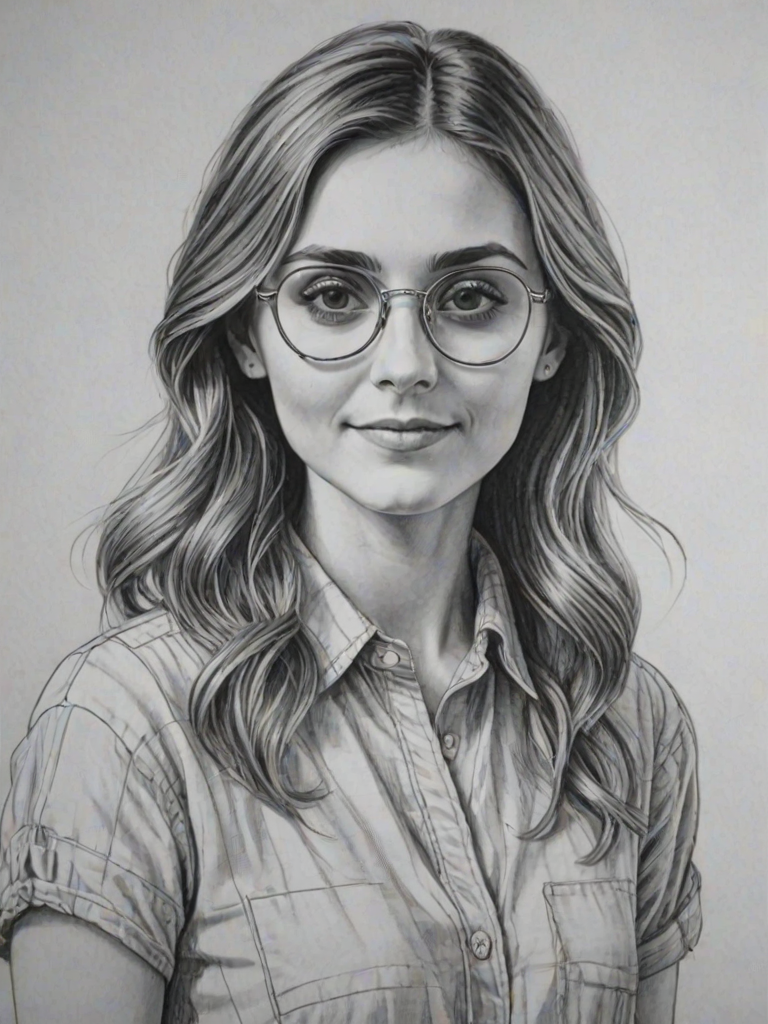 Enchanting Alyson Stoner, pencil sketch, portrait of Charming woman 1974s in glasses, hair style beatnik, outline, clear lines, fine lines, 8k