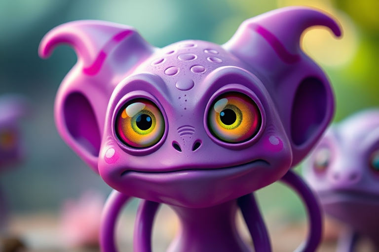 Create a vibrant, high-resolution digital illustration of a cartoonish purple alien creature with large eyes and tentacle-like appendages, using a Canon EOS R5 with a 50mm lens, f/1.8 aperture, ISO 100, and a shallow depth of field for a soft background.
