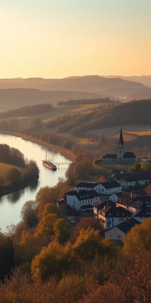 landscape of a village by a river with rolling hills and a church steeple in the distance, captured with a Canon EOS R5, 24mm lens, f/8 aperture, ISO 200, 1/250 sec shutter speed, taken from a high vantage point for a panoramic view, during golden hour for soft lighting and enhanced colors