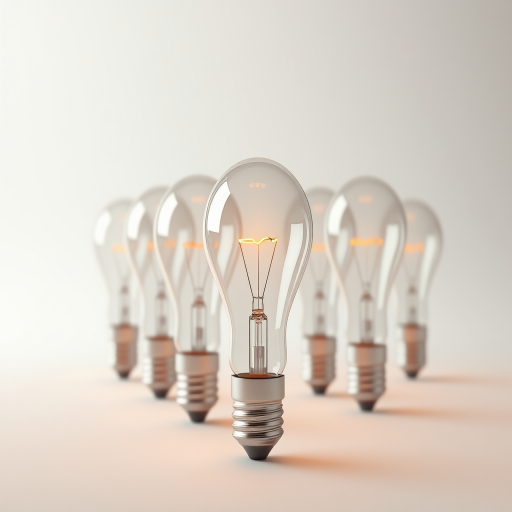 Create a high-resolution 3D render of a row of light bulbs with one glowing bulb in the center, using a Canon EOS R5 camera, 50mm lens, f/1.8 aperture, ISO 100, and a 1/60 sec shutter speed, with soft studio lighting and a plain background to enhance focus on the bulbs.