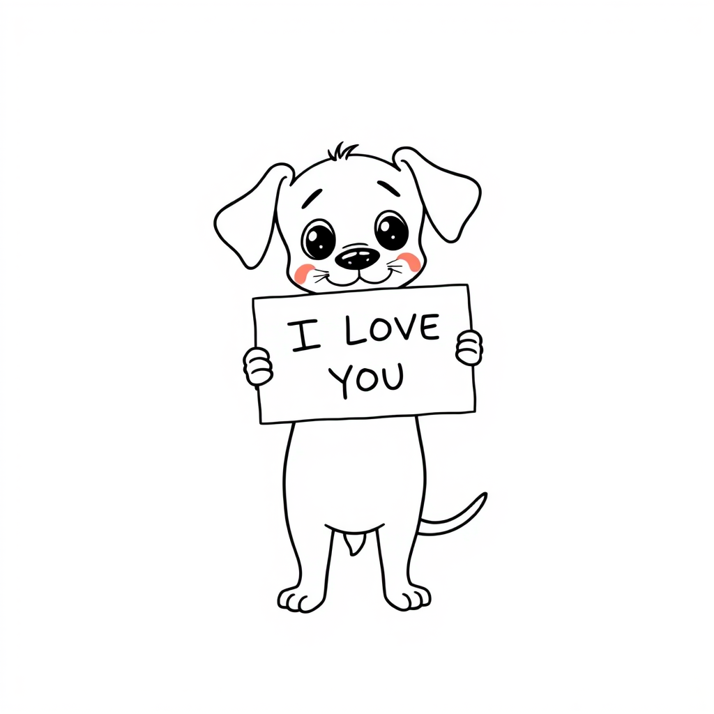 A minimalist cartoon of a PUPPY standing on a blank white background, holding a sign that simply says, 'I LOVE YOU.' The puppy is drawn with just a few lines: big eyes, whiskers, floppy ears, and a straight tail, giving it a comically desperate expression.