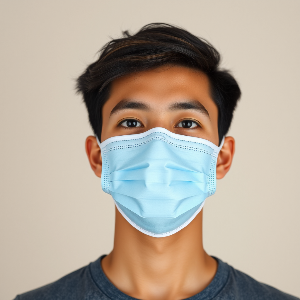 Create a vector image of a person wearing a light blue mask with a neutral background, using a Canon EOS R5, 50mm lens, f/2.8 aperture, ISO 100, in portrait mode for sharp focus and muted colors.