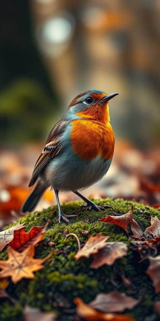 photorealistic close-up of a bird with an orange chest and spotted wings perched on mossy ground surrounded by autumn leaves, soft diffused lighting, depth of field effect, 50mm lens, f/1.8 aperture, ISO 200, shutter speed 1/250s, taken in a forest setting