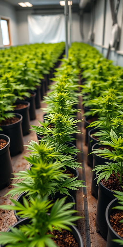 Capture a vibrant indoor cannabis cultivation facility with rows of healthy green plants in black pots, using a Canon EOS 5D Mark IV with a 24-70mm f/2.8 lens, aperture set to f/8 for depth of field, ISO 400 for clarity, and window light for natural illumination, wide angle view to highlight the scale and organization of the setup.