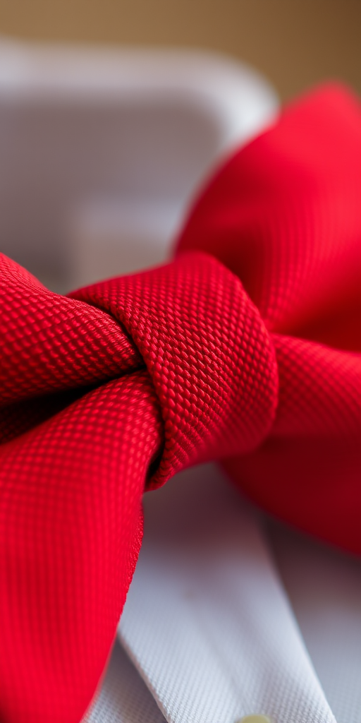 Create a high-resolution image of a red bow tie, using a Canon EOS R5 camera, 50mm lens, f/2.8 aperture, ISO 100, shallow depth of field, and soft lighting to enhance texture and color vibrancy.