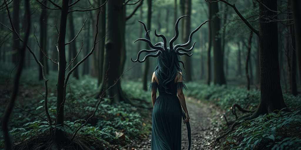 Create a mystical scene of a Medusa-like figure with serpent hair walking through an enchanted forest, captured with a Canon EOS R5, 50mm lens, f/1.8 aperture, 1/125 sec shutter speed, soft focus, and natural light for ethereal quality.