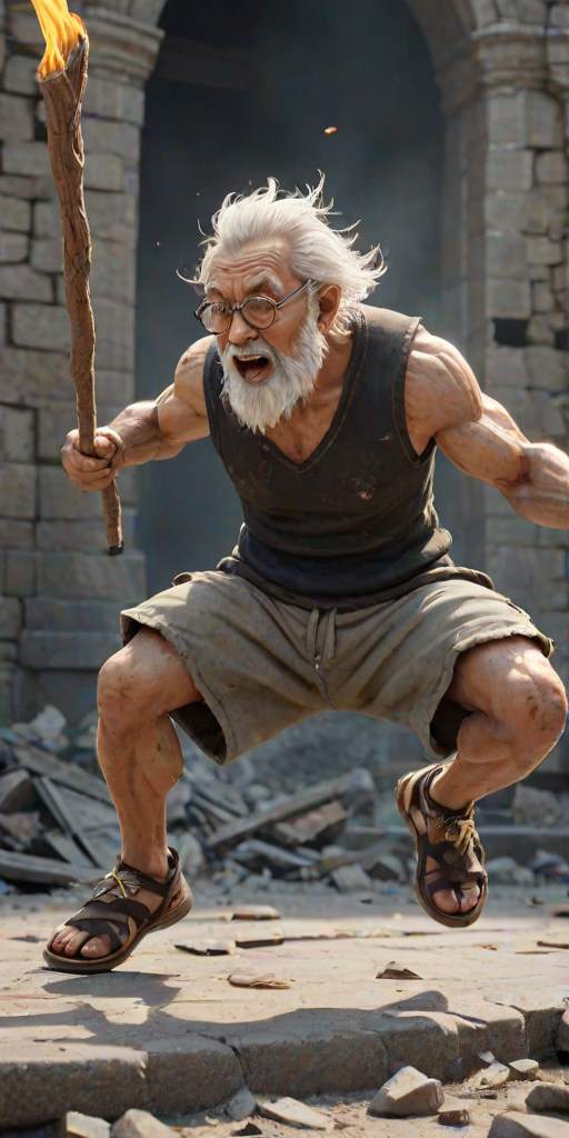 Cartoon 3D High-Resolution,dynamic battle scene using Unreal Engine 5 and Octane Render. The scene features back of an elderly, thai man with a beard,messy hair and round golden-rimmed glasses. He is wearing a tattered tank top with soot marks, shorts, and sandals. sweating. he wields a baseball bat. He jump to fight with a white fire-breathing Europe dragon amidst a partially destroyed stone castle. Include intense flames, smoke, and debris to enhance the dramatic effect.