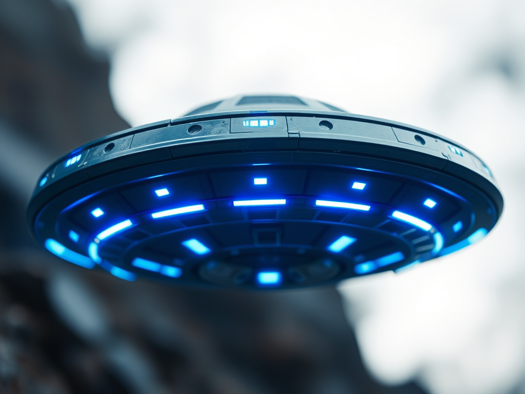 futuristic flying saucer with glowing blue accents, high dynamic range, captured with a Canon EOS R5, 24mm lens, aperture f/2.8, ISO 100, shooting in macro mode, soft focus background, positioned at a 30-degree angle.