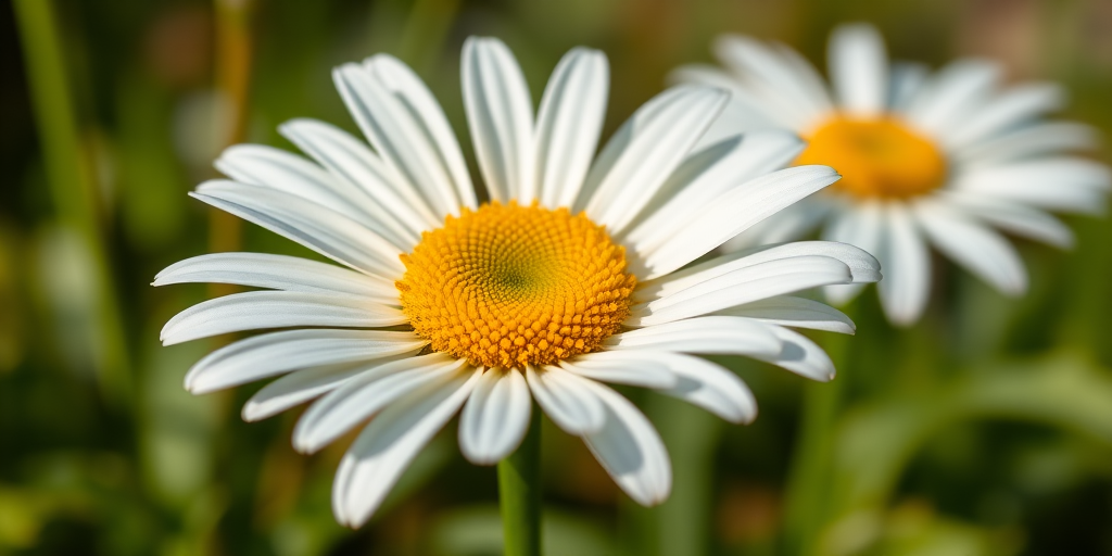 Create a high-resolution image of a daisy flower with white petals and a yellow center, using a DSLR camera with a 50mm lens, f/1.8 aperture, ISO 200, and natural lighting, captured from a slightly low angle to enhance depth and detail.